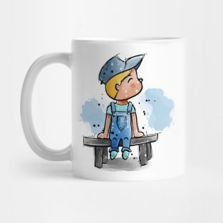 Cute little cartoon boy sitting on a bench Mug